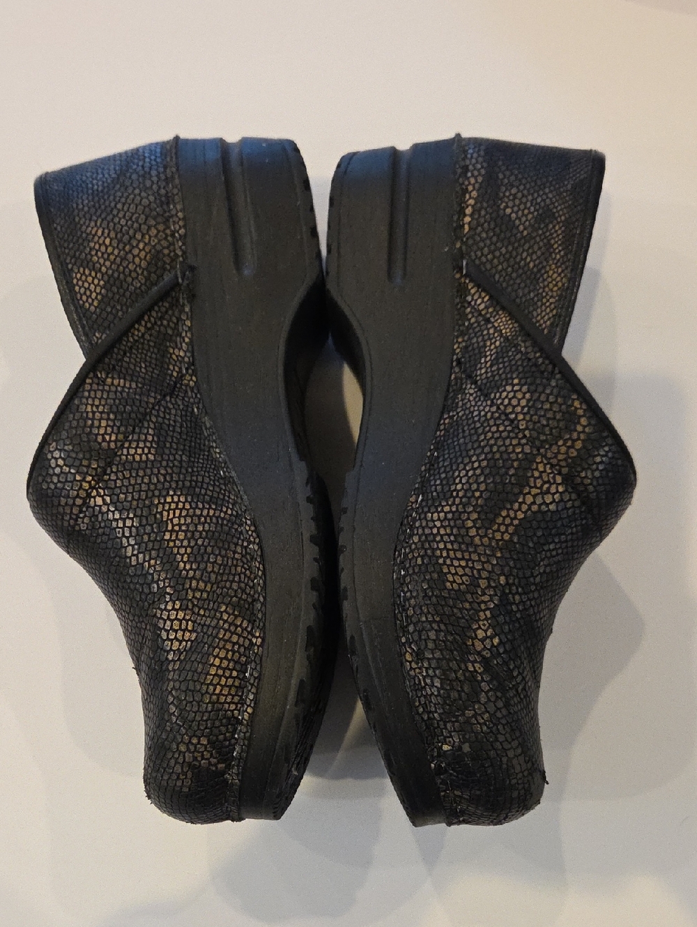 Sanita Black and Gold Snake-Print Clog Wedges